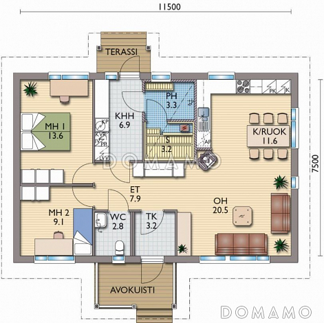Проект одноэтажного каркасного дома с двумя спальнями / План 1 этажа