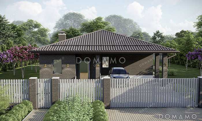 Проект одноэтажного дома с мастер-спальней, кабинетом и навесом для автомобиля