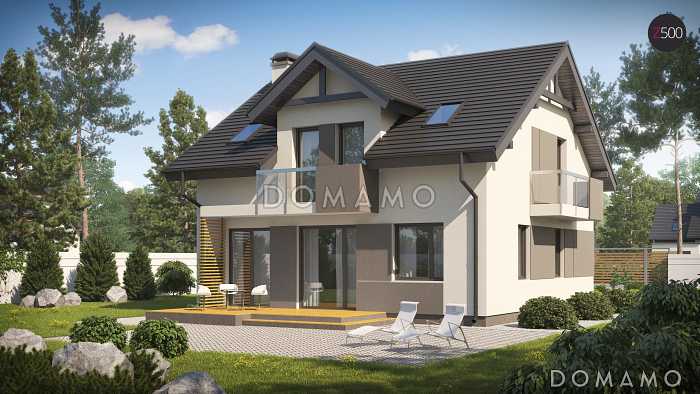 Проект одноэтажного мансардного дома из газобетона в современном исполнении с четырьмя комнатами и балконом