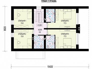 Проект дома с террасой, просторной гостиной, комнатами с санузлом / План мансардного этажа