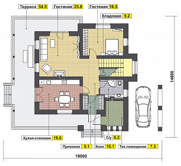 Проект каркасного горного шале с балюстрадой и навесом / План 1 этажа