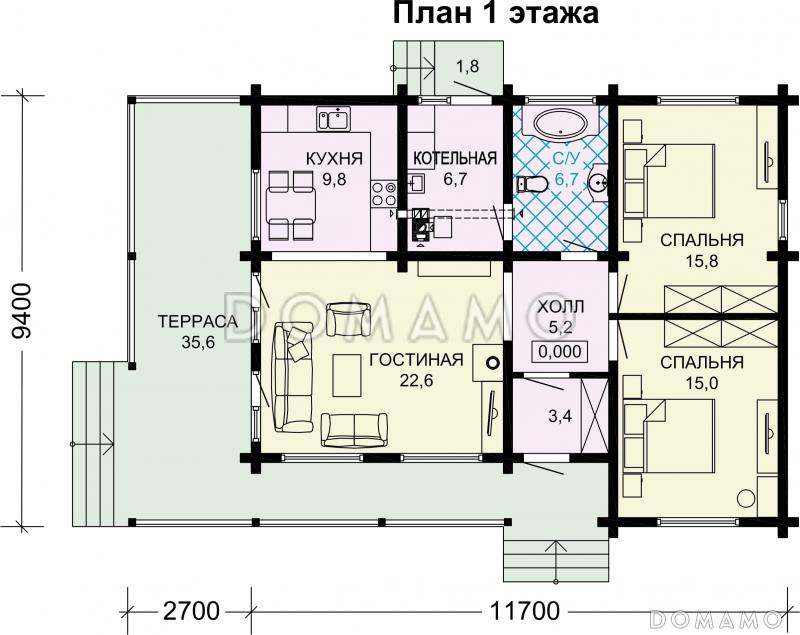 Проект деревянного одноэтажного дома с 2 спальнями / План 1 этажа