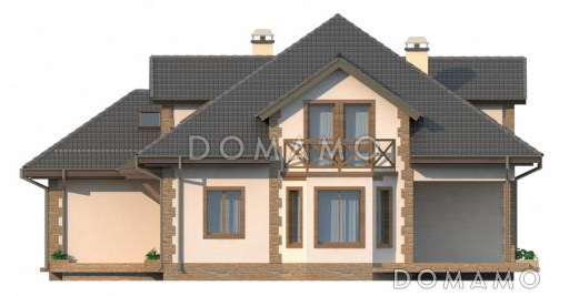 Проект просторного одноэтажного мансардного дома из газобетона с кабинетом, эркером, балконом и гаражом / Фасад 3