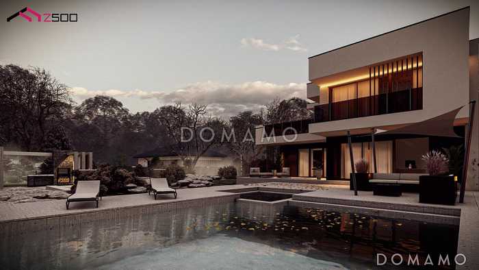 Проект загородного дома с гаражом для автомобиля, кабинетом, террасой на втором этаже