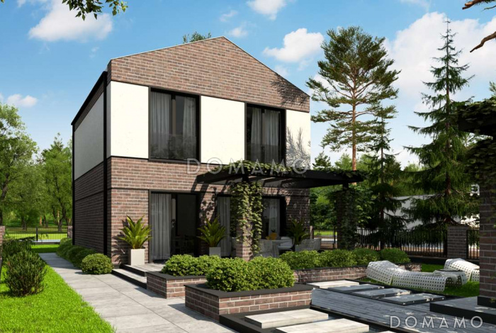 Проект двухэтажного дома из кирпича с фронтальным гаражом для узкого участка