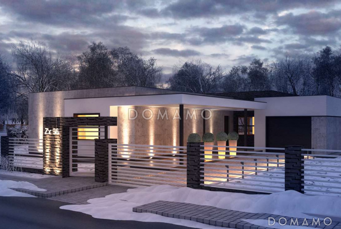 Проект просторного современного одноэтажного углового дома из кирпича с плоской крышей, с гаражом и отделённой спальной зоной