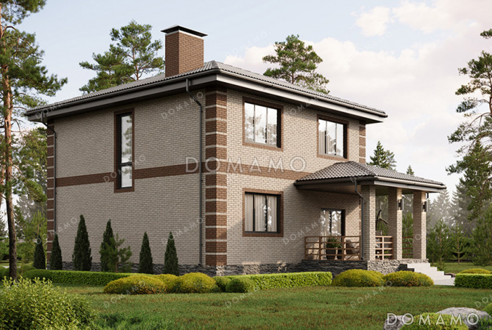 Проект квадратного двухэтажного дома с классической отделкой фасадов облицовочным кирпичом, совмещенной кухней-гостиной на первом этаже и спальной зоной на втором
