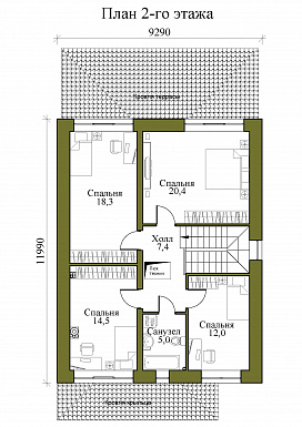 Проект двухэтажного газобетонного дома с крытой террасой и четырьмя спальнями на втором этаже / План 2 этажа
