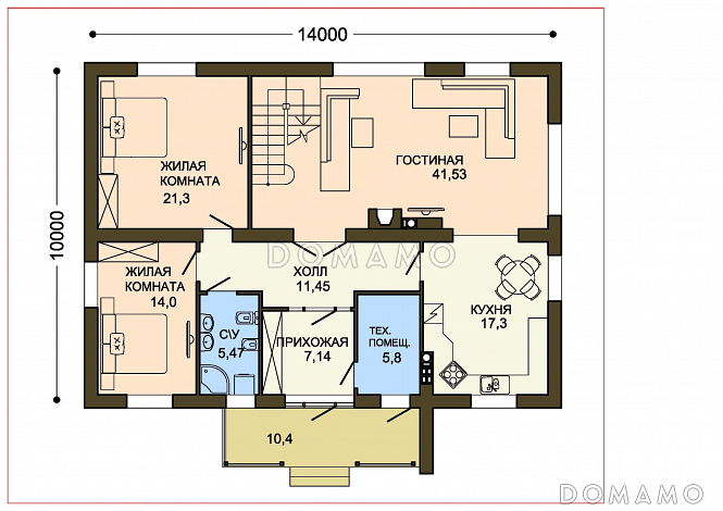 Проект двухэтажного коттеджа с контрофорсной стеной крыльца и вторым светом / План 1 этажа