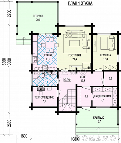 Проект двухэтажного дома из бруса с кабинетом, 4 спальнями и большой гардеробной у входа / План 1 этажа