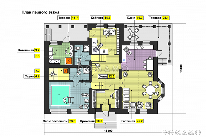 Загородный дом с двумя террасами, залом с бассейном, сауной, спортзалом на мансардном этаже / План 1 этажа