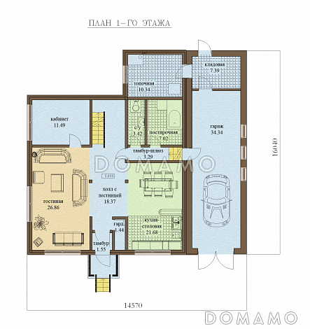 Проект одноэтажного дома с мансардным этажом и зимним садом / План 1 этажа