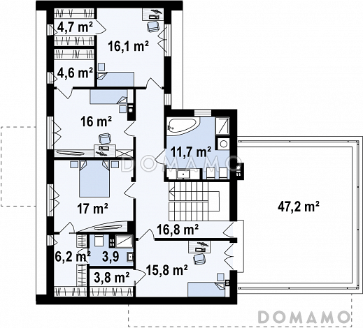Проект современного двухэтажного дома из газобетона с плоской крышей с гаражом для двух автомобилей и террасами на обоих уровнях / План 2 этажа