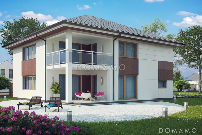 Проект просторного двухэтажного дома из газобетона со встроенным гаражом и двумя террасами на обоих уровнях