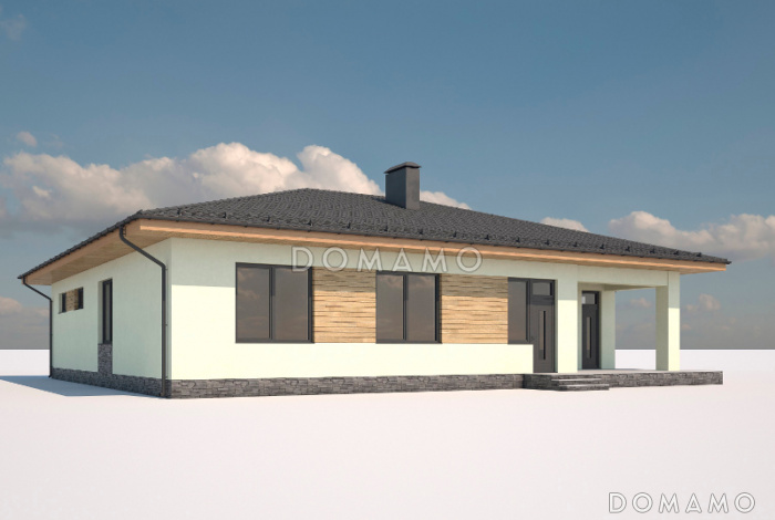 Проект одноэтажного дома из кирпича с гаражом, террасой, детскими комнатами