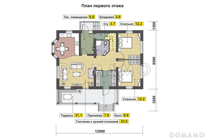 Проект дома с эркером в кухне, двумя спальнями на первом этаже, гостиной с камином, террасой / План 1 этажа
