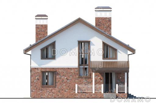 Проект дома с просторной кухней-столовой, загороженным крыльцом и уютным балконом на верхнем этаже / Фасад 3