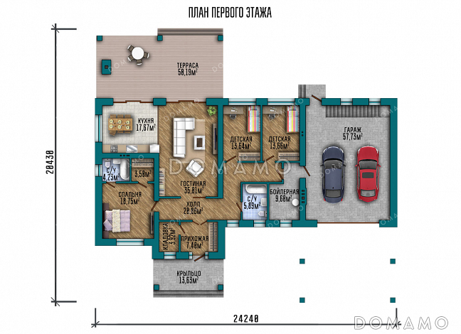 Проект дома с гаражом, навесом, подвалом, мастер-спальней и двумя детскими / План 1 этажа