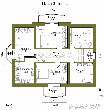Проект двухэтажного каркасного дома с тремя балконами, округлыми террасой и крыльцом / План 2 этажа