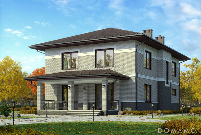 Проект просторного кирпичного дома с крытой террасой у гостиной