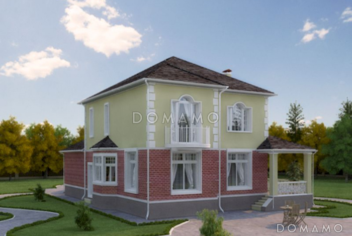 Проект двухэтажного дома с угловой террасой с выходом из гостиной