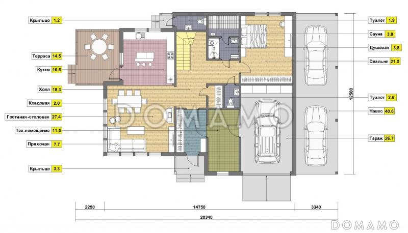 Проект дома из кирпича с местом для трех авто / План 1 этажа