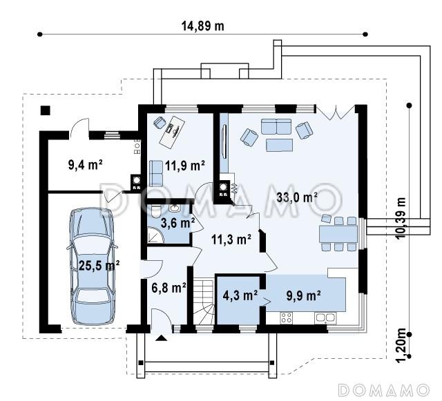 Проект просторного одноэтажного мансардного дома из кирпича с кабинетом, гаражом и комнатой над ним, улучшенная версия / План 1 этажа