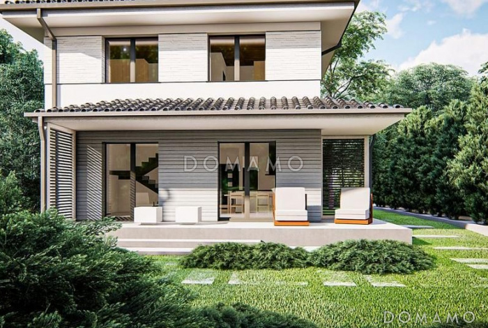 Проект двухэтажного дома с кабинетом, террасой, ванной с окном