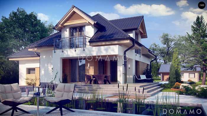 Проект дома с подвалом, гаражом, террасой, кладовой на кухне, балконом