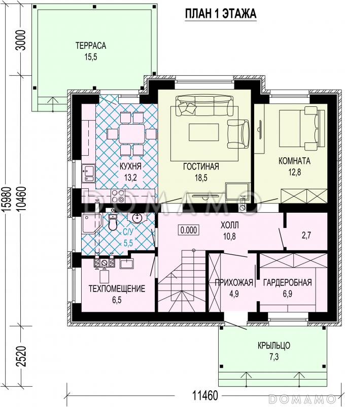 Проект кирпичного дома с кабинетом, 4 спальнями и крытой террасой / План 1 этажа
