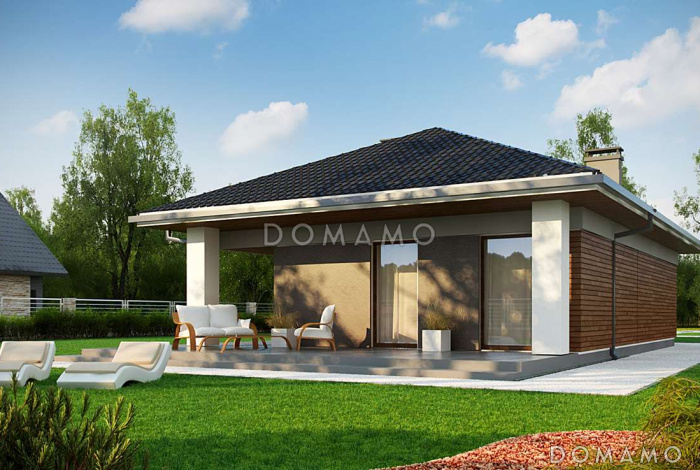 Проект простого комфортного одноэтажного дома из кирпича с тремя спальнями