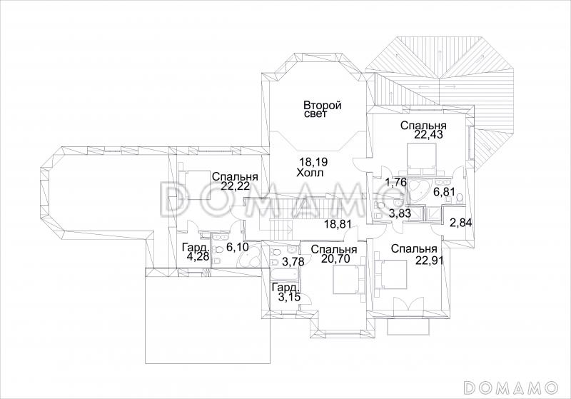 Проект дома из кирпича с бассейном и сауной на первом этаже / План 2 этажа