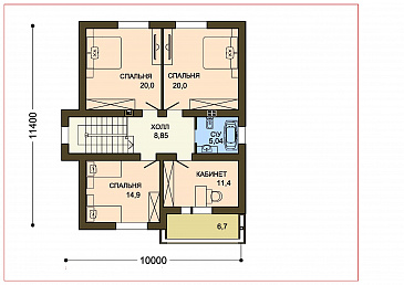 Проект загородного дома с каменного облицовкой крыльца и панорамными окнами гостиной / План мансардного этажа