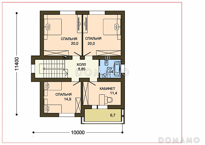 Проект загородного дома с каменного облицовкой крыльца и панорамными окнами гостиной / План мансардного этажа