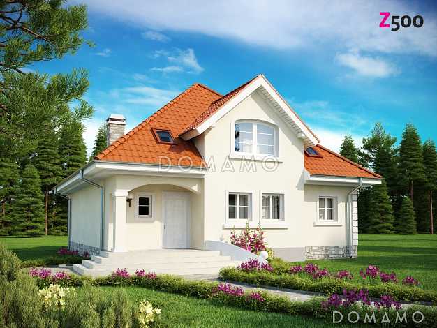 Проект одноэтажного мансардного дома из кирпича с двумя балконами и барбекю на террасе