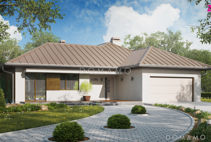 Проект одноэтажного дома из кирпича с большой угловой террасой и гаражом на два автомобиля