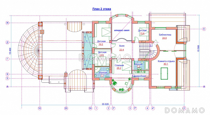 Проект жилого дома с большим бассейном с выходом на террасу / План 2 этажа