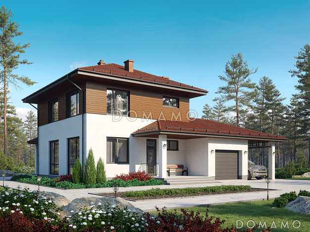 Проект двухэтажного дома с гаражом и навесом для автомобилей
