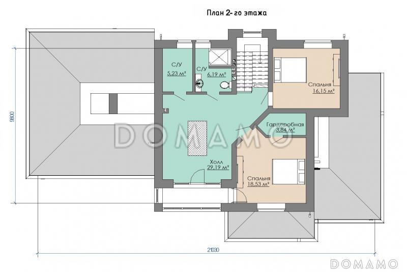 Проект двухэтажного дома с крытой террасой, ломаной гостиной, просторным холлом с выходом на лоджию / План 2 этажа