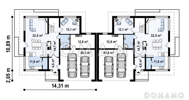 Проект двухэтажных домов-близнецов из газобетона с открытой террасой над большим гаражом  / План 1 этажа