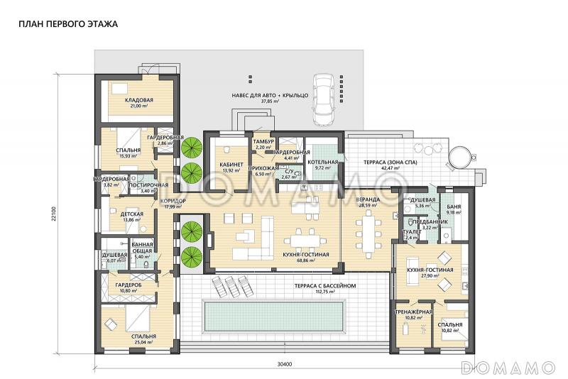 Проект кирпичного одноэтажного дома с 4 спальнями, верандой, баней и тренажерным залом / План 1 этажа