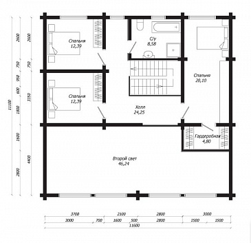 Проект дома из клееного бруса с большими панорамными окнами / План мансардного этажа