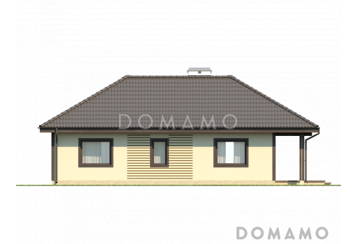 Проект компактного одноэтажного дома из газобетона с двумя спальнями и боковой террасой  / Фасад 2