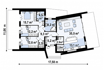 Проект современного одноэтажного дома из газобетона необычного дизайна с плоской крышей и с тремя спальнями / План 1 этажа