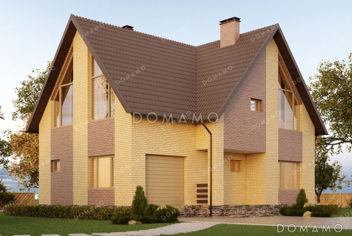 Проект дома с гаражом, четырьмя спальнями, террасой и балконом