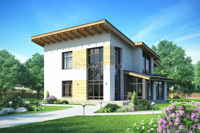 Проект дома с косой крышей, спальнями на первом этаже, верандой, террасой, сауной на мансардном этаже, вторым светом, балконом