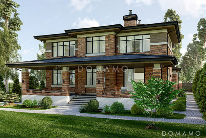 Проект двухэтажного дома с подвалом в стиле Райта