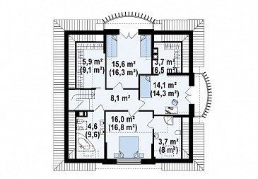 Проект одноэтажного мансардного дома из газобетона с кирпичной облицовкой с двумя балконами и барбекю на террасе  / План мансардного этажа