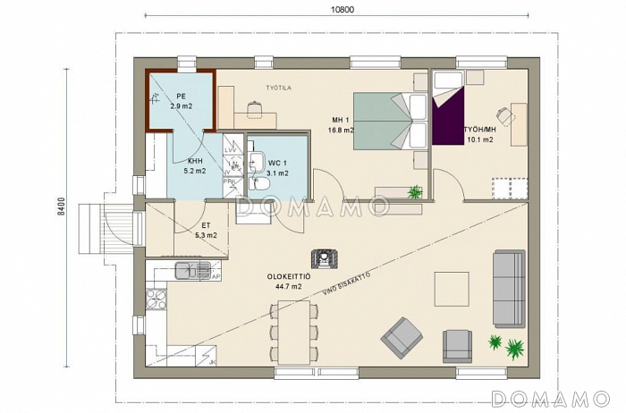 Проект современного каркасного дома с двускатной крышей / План 1 этажа