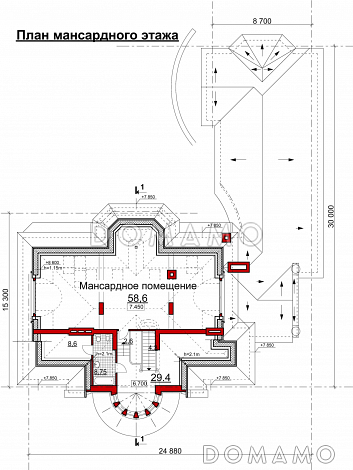 Проект коттеджа с двусветной гостиной, бильярдной и бассейном / План мансардного этажа